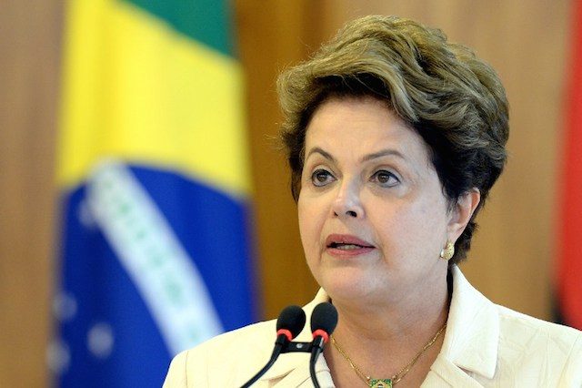 In this file photo, Brazilian President Dilma Rousseff delivers a speech at Planalto Palace in Brasilia, on June 16, 2014. Evaristo Sa/AFP