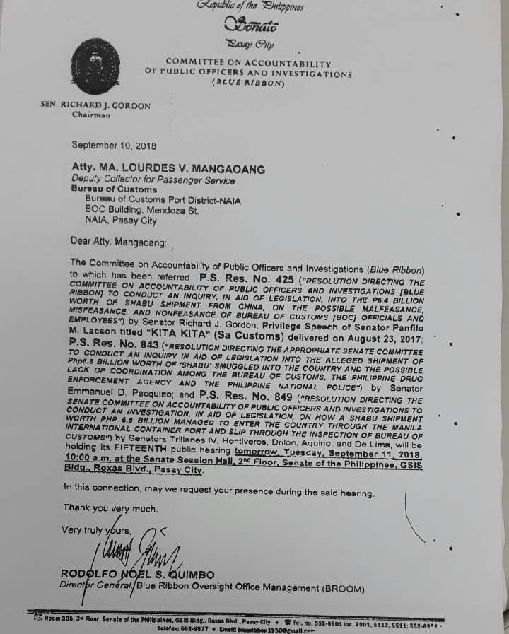 INVITE. Lourdes Mangaoang was invited to attend the Senate blue ribbon committee hearing to testify about the missing one ton of shabu. Photo courtesy of Mangaoang 