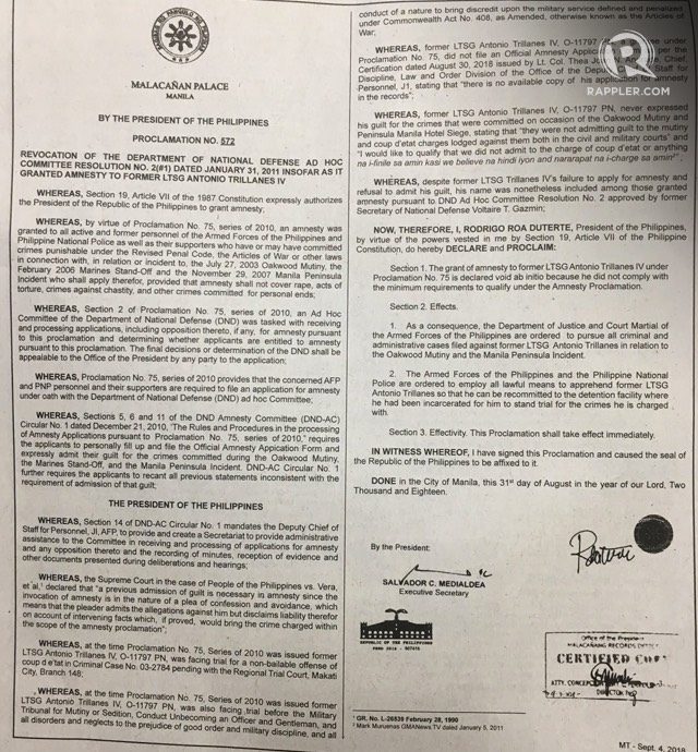 REVOKED. President Rodrigo Duterte's Proclamation No. 572 published in the Manila Times on September 4, 2018. Photo by Camille Elemia/Rappler   
