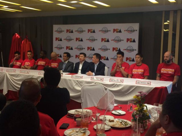 The Phoenix Fuel Masters players, team governors, and PBA commissioner Chito Narvasa at the press launch. Photo by Jane Bracher/Rappler 