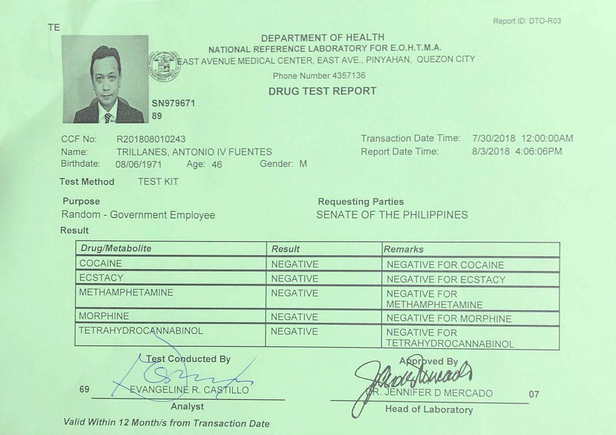 Result of the drug test as tweeted by Trillanes on August 15. 