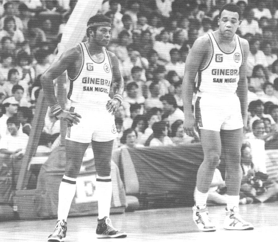 DYNAMIC DUO. In 1986, Ginebra San Miguel won the PBA Open Conference with the prolific tandem of Billy Ray Bates (left) and Michael Hackett. Photo from the book 'PBA: 20 Years in Pictures.' 