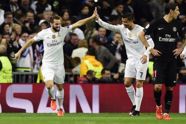 PERAYAAN. Bek Real Madrid Nacho Fernandez (kiri) merayakan golnya bersama penyerang Portugal Cristiano Ronaldo.Foto oleh Javier Soriano/AFP 