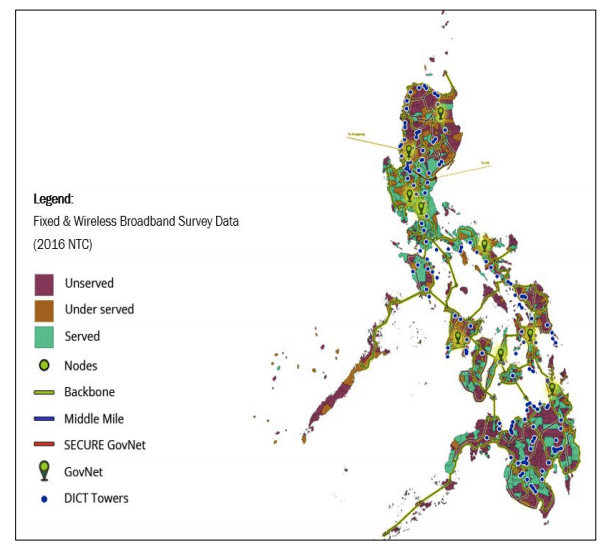 UNDERSERVED AREAS. A map showing unserved, underserved areas in the Philippines. Screenshot from DICT's draft national broadband plan 