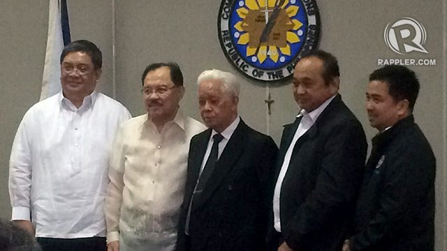 Comelec Commissioners Tito Luie Guia, Arthur Lim, Chairman Sixto Brillantes, Lucenito Tagle, and Al Parreño pose for an official photo. (Absent in the photo were Commissioners Christian Robert Lim and Elias Yusoph.) Photo by Michael Bueza/Rappler