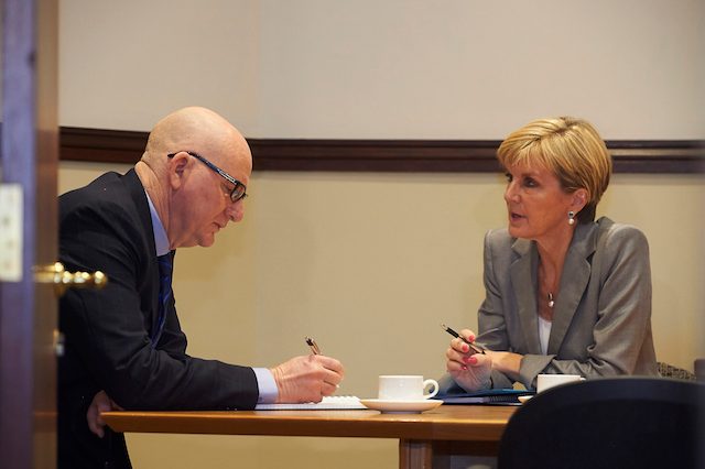 FOREIGN AFFAIRS. Australian Foreign Minister Julie Bishop (R) meets Australian Ambassador to Indonesia Paul Grigson in Perth, Australia, after Grigson was recalled from Jakarta over the executions of Andrew Chan and Myuran Sukumaran. Photo by EPA 