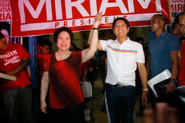 TOGETHER AGAIN. Presidential Candidate Miriam Defensor-Santiago and her Vice Presidential running mate Bongbong Marcos Jr. during their Miting de Avance at Quezon City on May 7, 2016.Photo by Jasmin Dulay / Rappler 