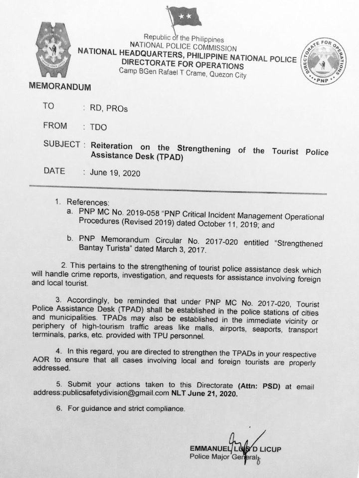 ORDER. PNP Director for Operations Major General Emmanuel Licup fires off this memorandum to scrap Chinese assistance desks and replace them with tourist police assistance desks. Sourced photo 