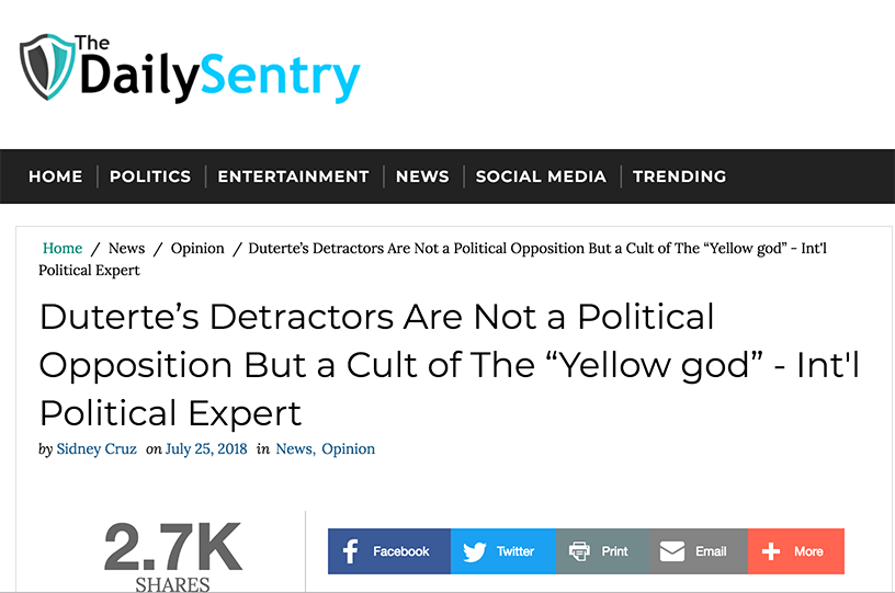 A screenshot of an article on 'The Daily Sentry,' a website known for spreading misleading information, citing 'international political expert' Adam Garrie as a source. 
