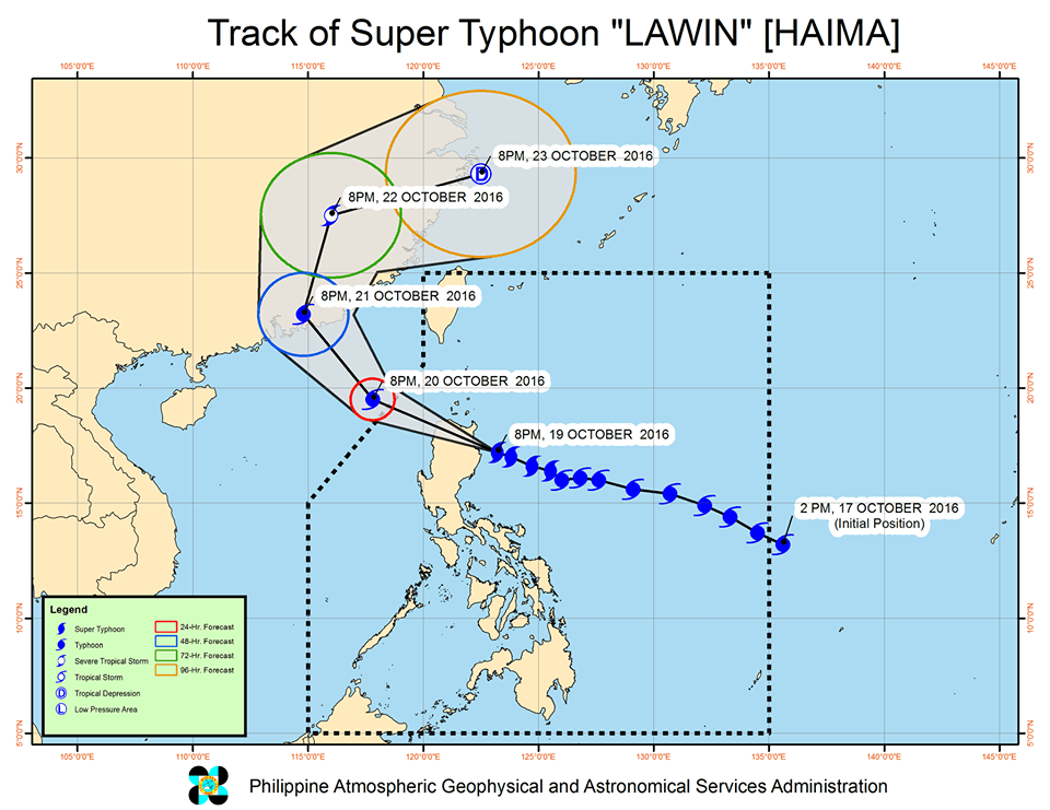 Forecast track of Super Typhoon Lawin (Haima) as of October 19, 2016, 11 pm. Image from PAGASA 