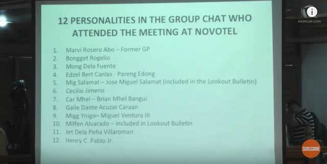 MEETING. Coronel reveals the names of the 12 personalities who attended the September 17 meeting at Novotel. Screenshot from Rappler 