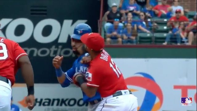 BAUTISTA BOMB. Jose Bautista gives credit to Rougned Odor for landing a good right hand punch, but says it would take a bigger man to put him down. Screenshot from YouTube  
