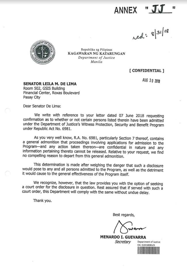 NO DISCLOSURE. Justice Secretary Menardo Guevarra refuses to disclose to Senator Leila De Lima if convicts who are witnesses against her are being given state protection. 