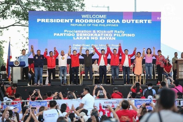 PRESIDENTIAL ENDORSEMENT. President Rodrigo Duterte endorses senatorial candidates from the PDP-Laban during its kick-off run for the midterm elections in San Jose Del Monte Bulacan on February 14, 2019. File photo by Mary Grace dela Cerna/Rappler  