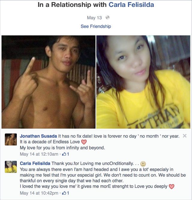 One of the last public Facebook postings of Jonathan Susada, where he expressed affection for his girlfriend