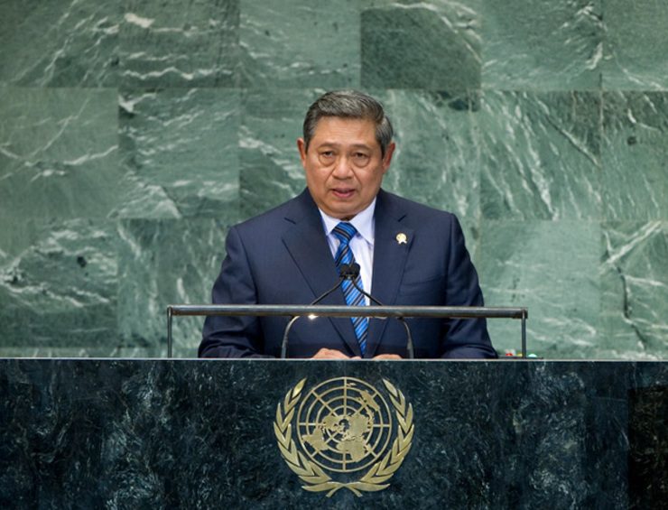 STEPPING DOWN. Indonesian President Susilo Bambang Yudhoyono wraps up his active participation in the UN with his last speech as president. File UN Photo/Marco Castro