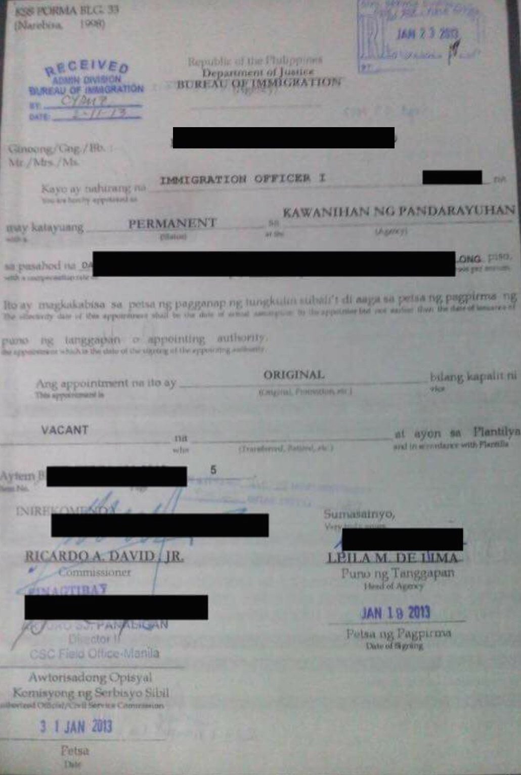An appointment paper of an active Immigration Officer I who was hired in 2013. Source photo  