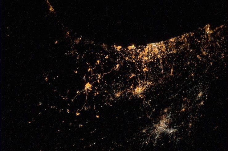 An image taken by astronaut Alexander Gerst from the International Space Station (ISS) on 22 July 2014 shows a nighttime view of Gaza and southern Israel. North is toward the right side of the photo. Alexander Gerst/ESA/NASA