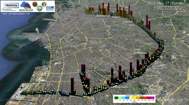 POLLUTION. Soot measurement along EDSA on May 17, 2015 (Sunday). On color scale, green and blue color indicate okay, yellow shades are bad, and red shades are dangerous. 
  