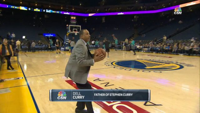 LONG RANGE PLANS. Dell Curry shows the world where his son got his range from. Screenshot from CSN  