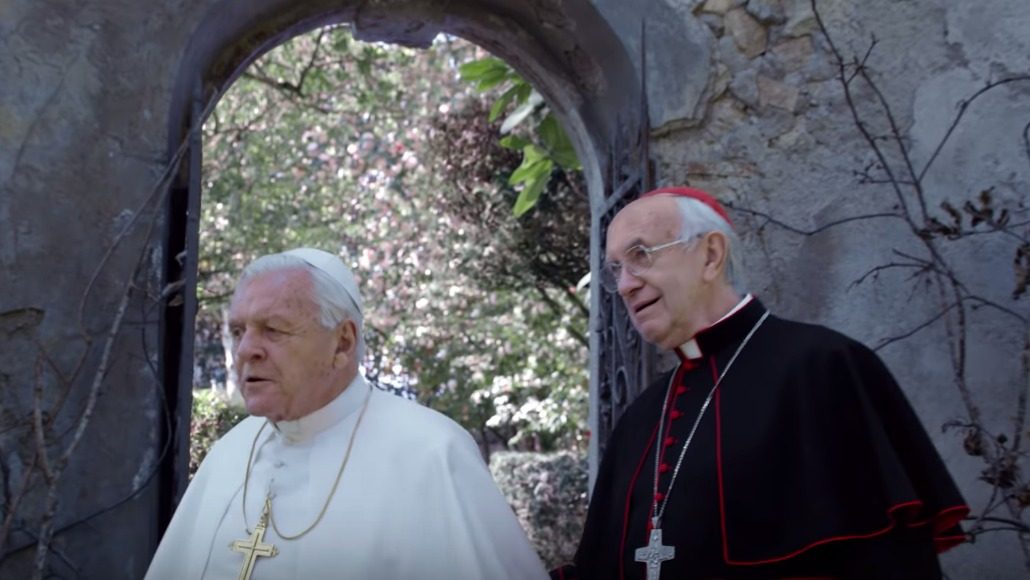 TWO POPES. Netflix drama The Two Popes starring Jonathan Pryce and Anthony Hopkins is among the key nominees. Screenshot from trailer 