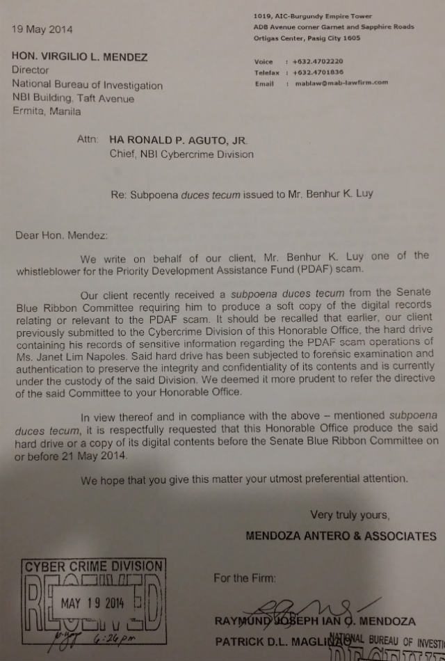 LETTER. Benhur Luy's legal counsel Raymond Joseph Ian Mendoza wrote to the NBI, asking the bureau to submit Luy's records to the Senate. Photo provided by Luy's camp