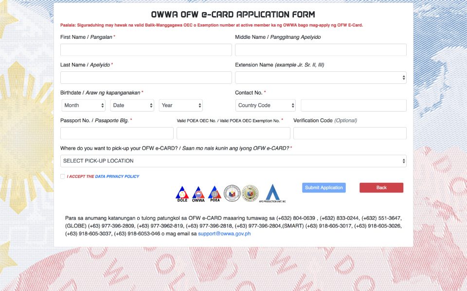APPLICATION. The application is done online by entering personal details, including passport and overseas employment certificate numbers. OWWA website screenshot  