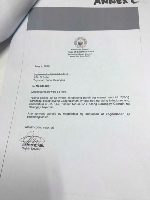LETTER. The complainants submitted this letter to the Comelec, to support their complaint against Batangas 2nd District Representative Raneo Abu. 