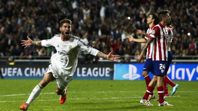 Sergio Ramos celebrates after scoring the equalizer for Real Madrid. Photo by Jose Sena Goulao/EPA