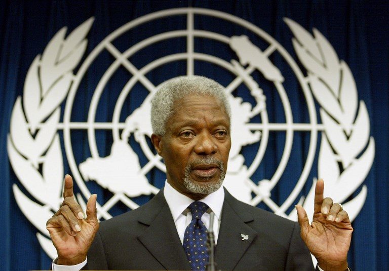 UN CHIEF. In this file photo taken on April 28, 2004, United Nations Secretary General Kofi Annan takes a question during a press conference at the UN Headquarters in New York. File photo by Timothy A. Clary/AFP  