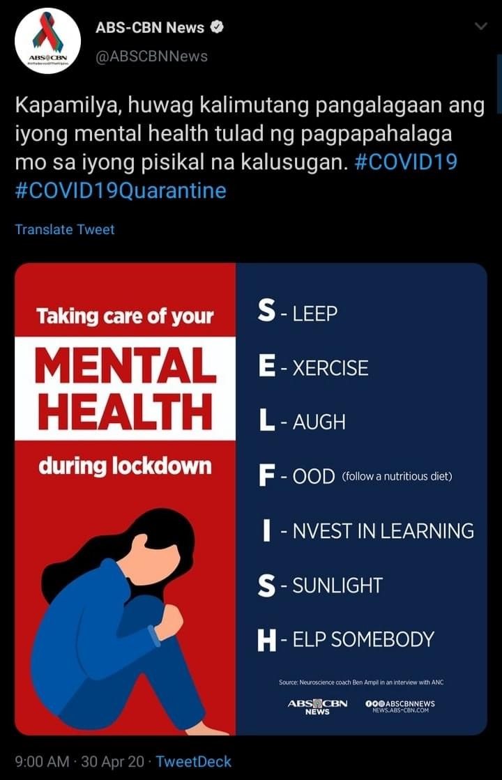 SELFISH? ABS-CBN News posts a graphic that attempted to promote mental health awareness during the coronavirus lockdown. 