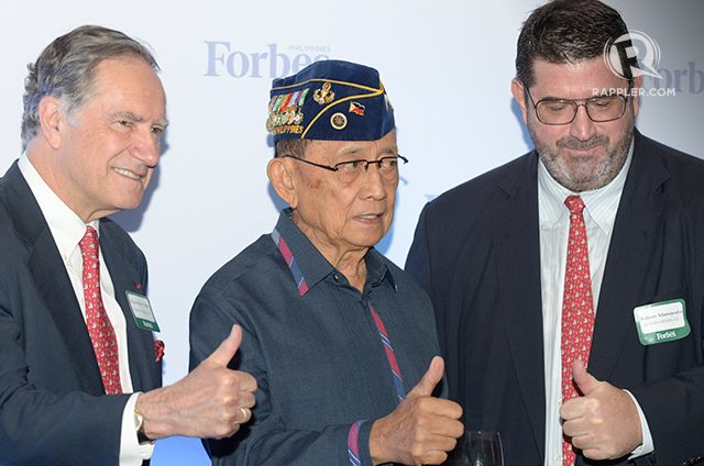 THUMBS UP. (From left) Forbes Vice Chairman Christopher Forbes, former President Fidel V. Ramos, and Forbes Asia CEO William Adamopoulos    