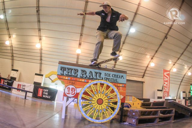 Demit Cuevas with a backside nosegrind on the ice cream cart. Photo by Mark Cristino/Rappler   