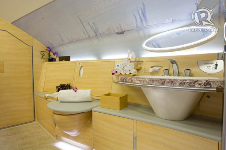 ‘GOOD STUFF.’ Shower spas are installed in the 2-decker world’s largest passenger airliner. Photo by Mark Cristino/Rappler