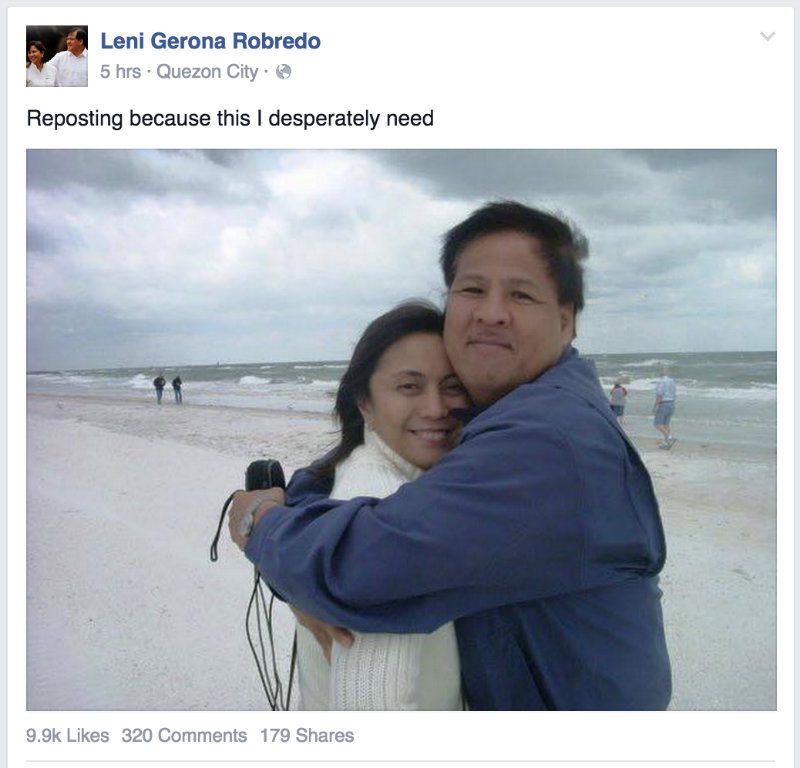 BUTUH GARIS HIDUP?  Leni Robredo memposting dan foto lama suaminya, mendiang Jesse Robredo, saat LP menyelesaikan lineup tahun 2016. 