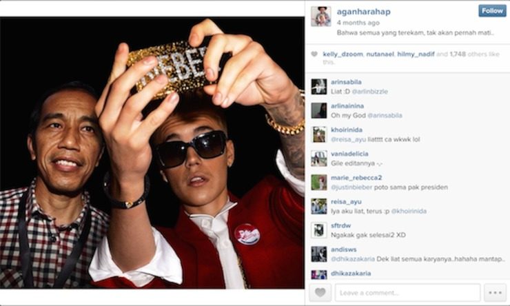 Salah satu hasil karya Agan Harahap menempatkan Presiden Jokowi berfoto selfie dengan pop star Justin Bieber. Screen grab dari Instagram.com/aganharahap