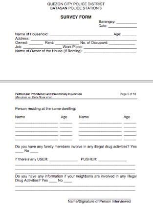 SURVEY FORM. A sample survey form given to Quezon City residents to answer during house-to-house visitations. 