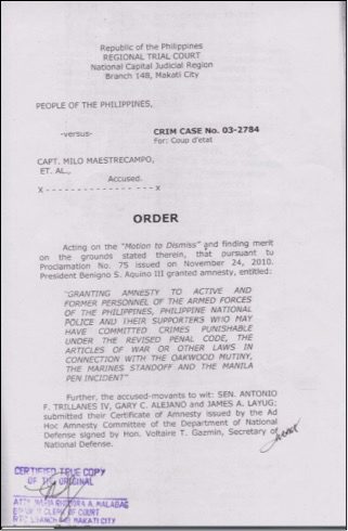 DISMISSAL ORDER. Photo by Trillanes' office 
