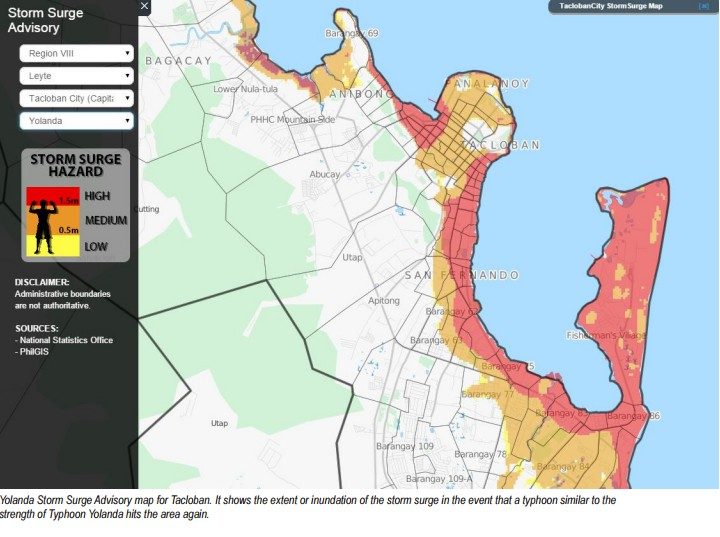 SCENARIO MAP. This Yolanda storm surge advisory map is for Tacloban. The left panel shows the scenarios per hazard level, red for high (1.5 m above), orange for medium (0.5-1.5 m) and yellow for low (below 0.5 m). Screengrab from Project NOAH guideline on how to use hazard maps. 
