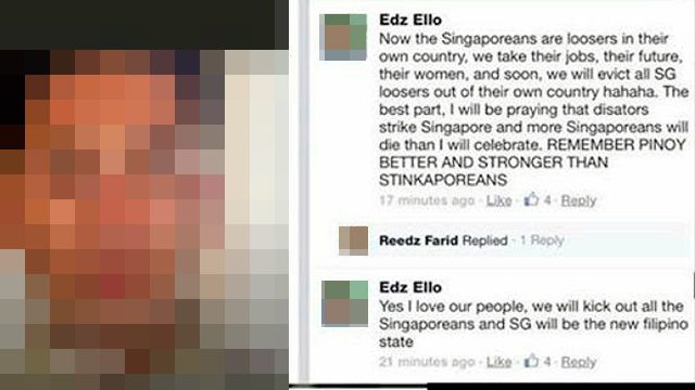 SENTENCED TO PRISON. Filipino Nurse Edz Ello, an OFW in Singapore was fired from his job for allegedly making these racist comments on Facebook. Screenshot from Facebook 