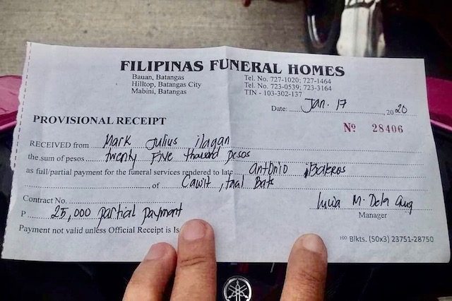 'PARTIAL PAYMENT.' The receipt the Baleros family received for paying a part of their funeral bill. Photo courtesy of the Baleros family  