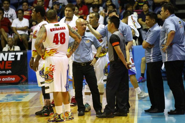 TENSE. A number of tense moments occurred during Rain or Shine and Meralco's. Here, Painters coach Yeng Guiao and his coaching staff are seen appealing to the referee. Photo by Josh Albelda/Rappler 