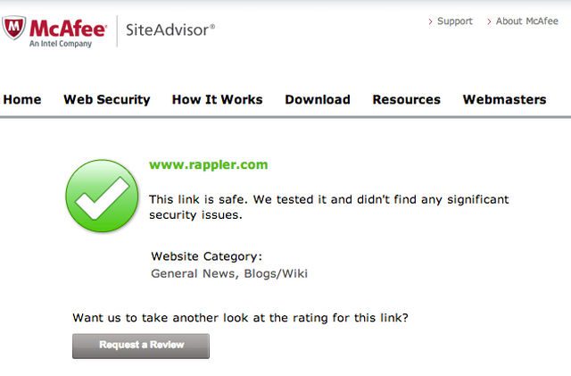 SAFE. McAfee says Rappler.com is safe. Screen shot from McAfee SiteAdvisor