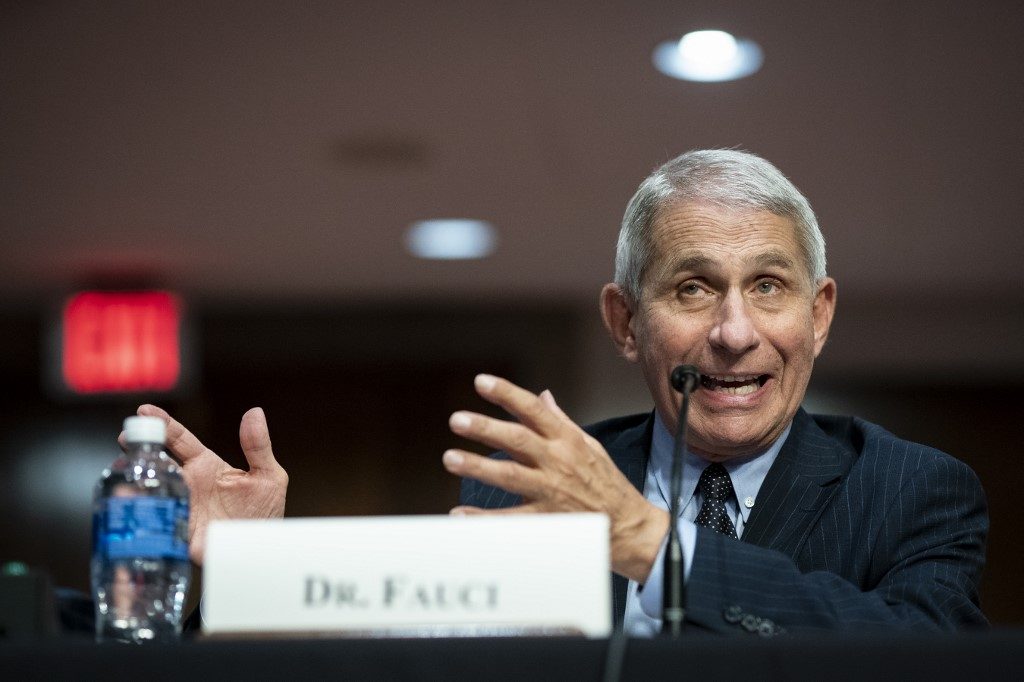 WRONG DIRECTION. Dr. Anthony Fauci, director of the National Institute of Allergy and Infectious Diseases, speaks during a Senate Health, Education, Labor and Pensions Committee hearing on June 30, 2020 in Washington, DC. Photo by Al Drago-Pool/Getty Images/AFP 