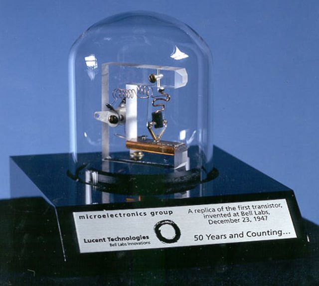 TRANSISTOR. A replica of the first transistor, developed at AT&T's Bell Laboratories in 1947. National Archives  