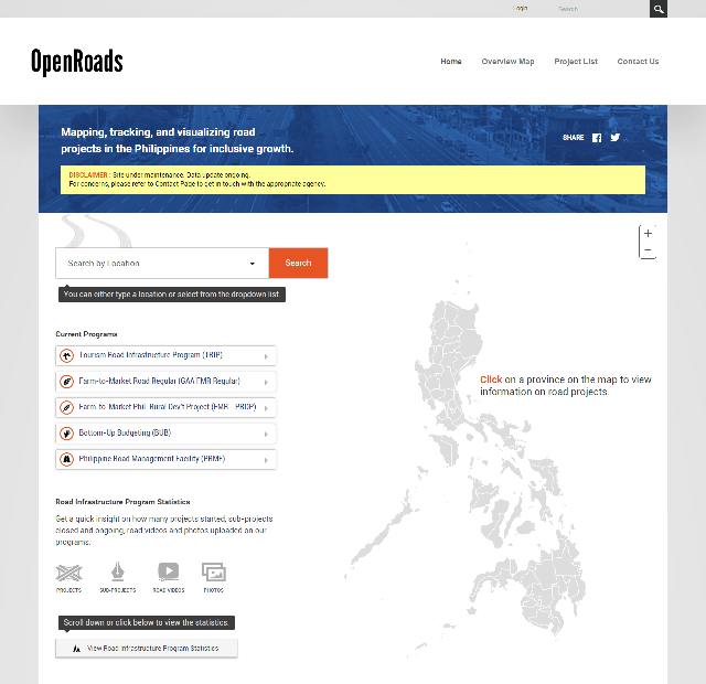 A snapshot of the OpenRoads website, openroads.gov.ph. 