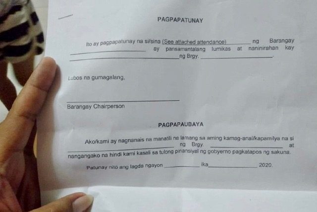 WAIVER. Evacuees who stayed with their relatives were asked to prove they were displaced. Photo from Mary Flor Salvador's Facebook 