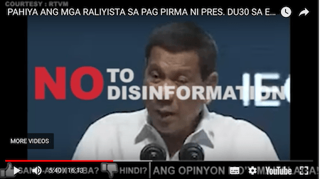 FALSE. A link to a blog post contains a video of President Duterte's speech at a labor day event in Cebu City. Screenshot from YouTube 