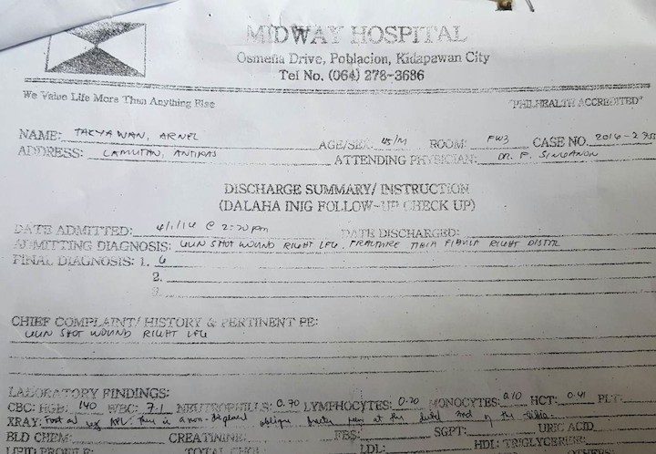 GUN SHOT WOUND. Arnel Takyawan's discharge summary from Midway Hospital. 