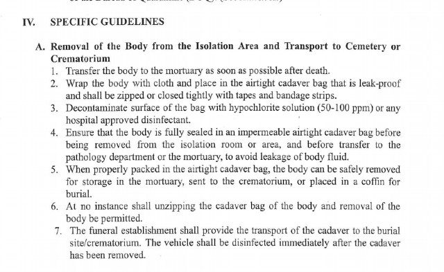 PROTOCOLS. Guidelines released by the Department of Health on the removal of body and transportation to the crematorium. Screenshot from DOH memorandum 
